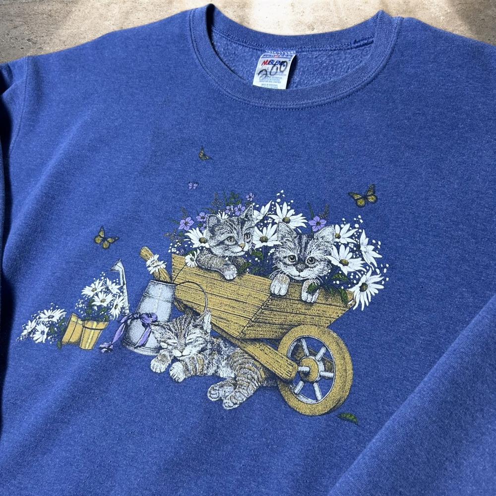 Vintage Jerzees Kitten Cat Wheelbarrow Sweatshirt Blue 90s Retro Size Large